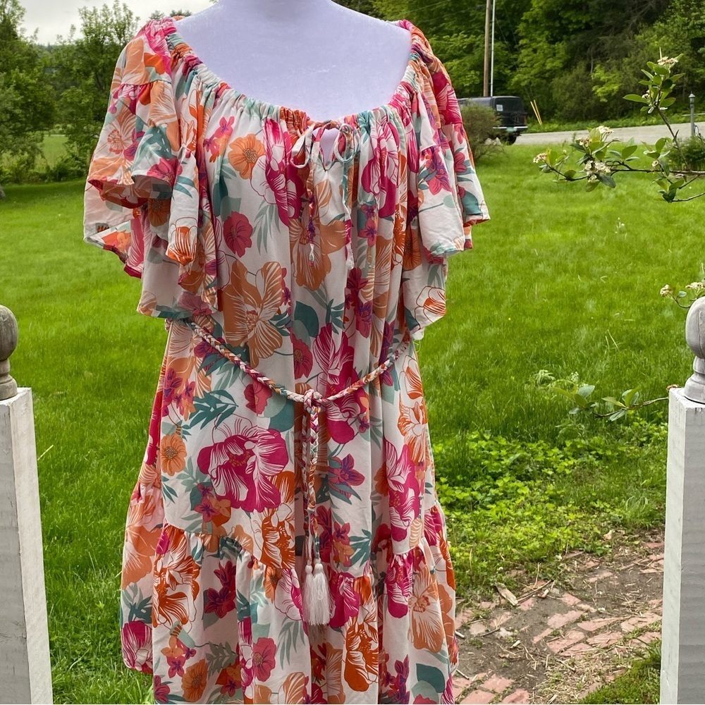 Rachel Zoe Pink Orange Rayon Mini Dress Ruffled Rope Belt Size Medium - Picture 15 of 15